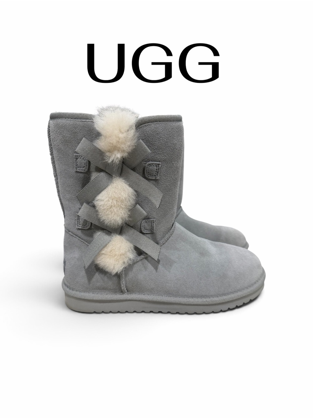 Koolaburra by UGG Gray Suede Short Boots with Pom Pom Bows